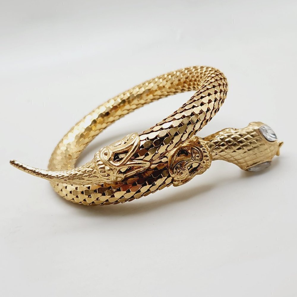 Vintage 60's Gold Tone Coil Wrap Snake Mesh Scales Clear Eyed Reptile Bracelet - Picture 3 of 6